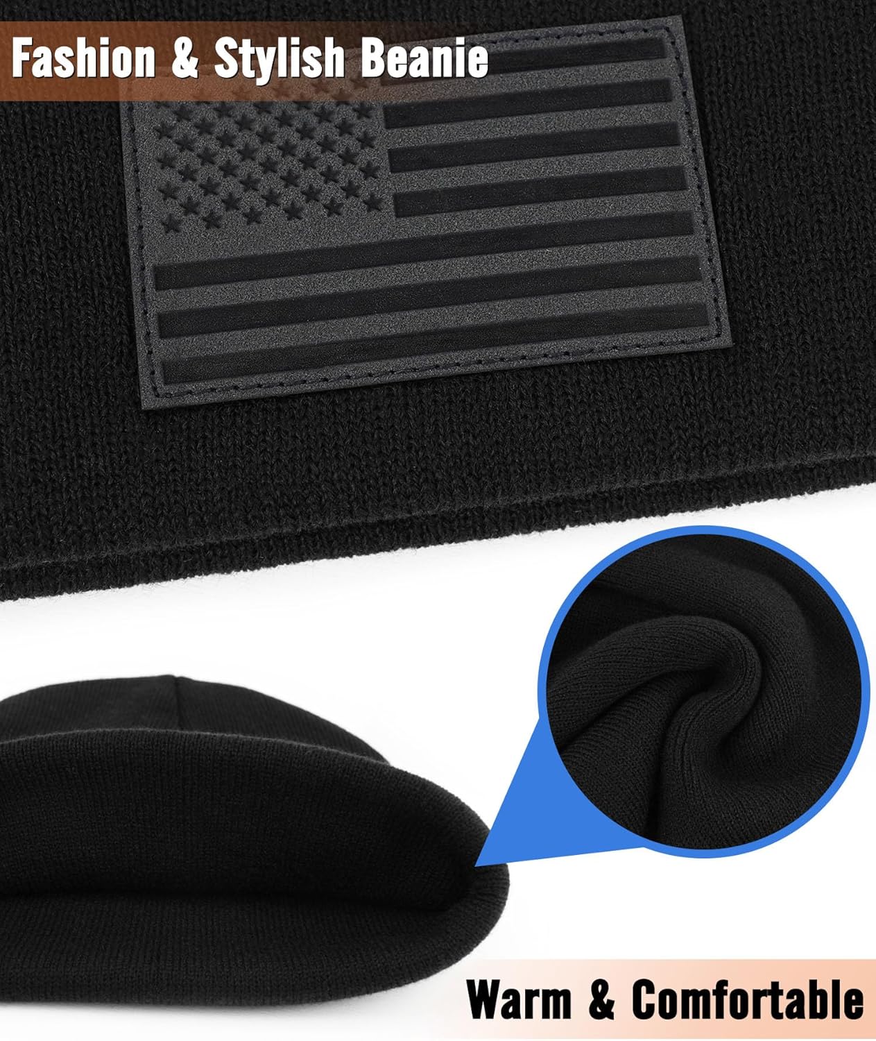 American Flag Beanie for Men Women - Leather USA Flag Patch, Cuffed Beanie for Tactical Winter Warm Hat - Image 2