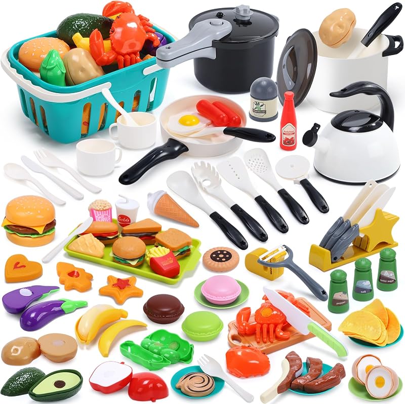HOLYFUN 74PCS Kids Kitchen Accessories with Play Food & Basket | Toddler Pretend Cooking Set, Upgraded Toy Cookware Set with Play Pots and Pans, Pretend Food, Fruits, Vegetables, Fast Food