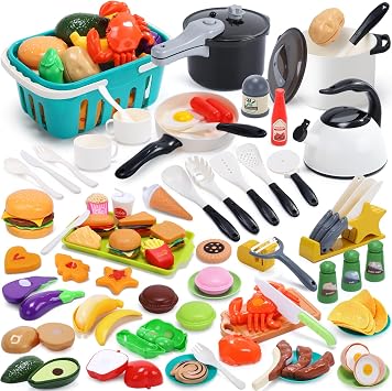 HOLYFUN 74-Pcs Kids Play Kitchen Accessories, Toddler Pretend Cooking Set, Toy Cookwares Set with Toy Pots and Pans, Cutting Play Food, Shopping Basket, Kitchen Gift for Boys Girls