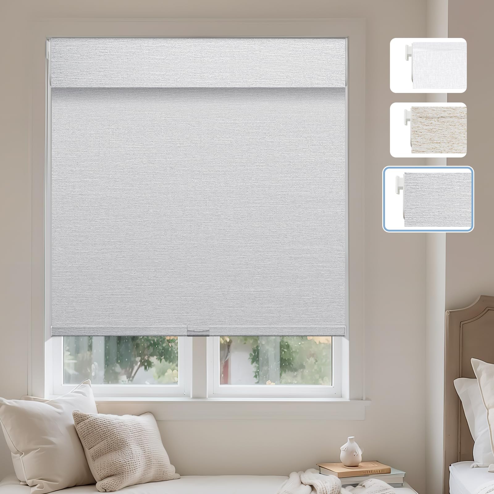 Keego No Drill Roller Blinds Easy Install No Tools Blinds for Windows Blackout Cordless Shades for Bedroom Living Room (Silver Grey, Custom Size)