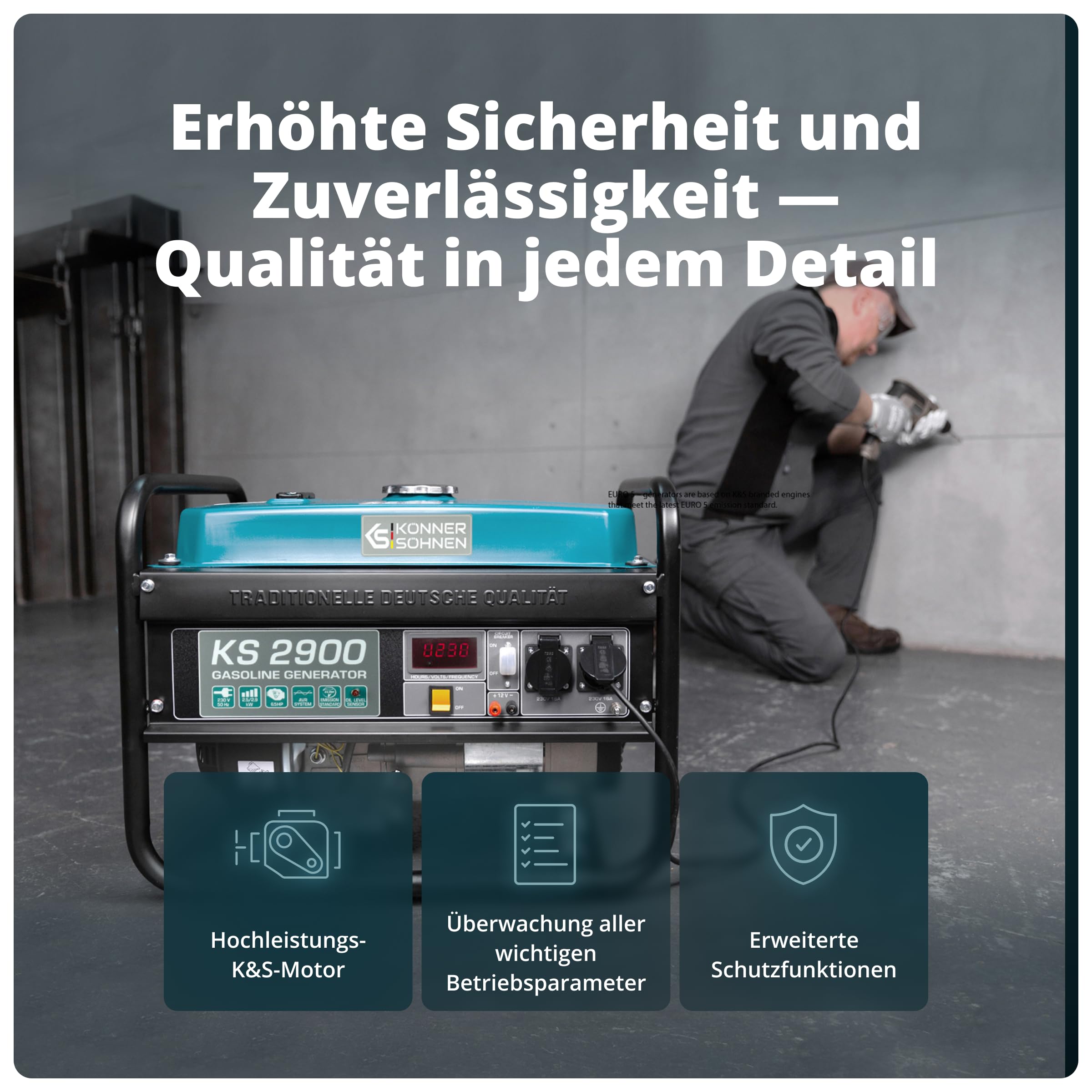 K&S Könner&Söhnen KS 2900 Benzingenerator, Notstromaggregat 2900 W, 2x16A (230 V), 12 V, Stromerzeuger mit (AVR), Stromaggregat mit Ölstandsanzeige, Überlast- und Kurzschlussschutz, Generator
