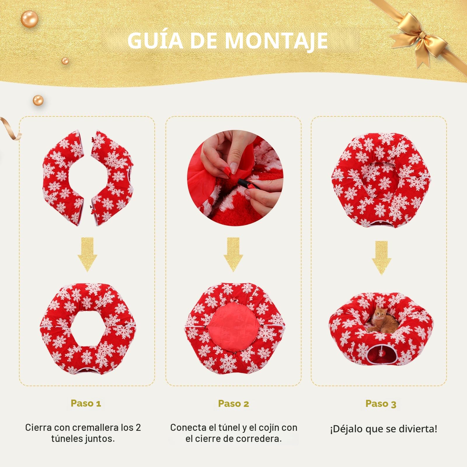 PAWZ Road Túnel Navideño para Gatos con Cama para Gatos de Interior, 2 en 1 Cama de Túnel de Dona para Gatos bajo el Árbol de Navidad, Túnel de Juego para Gatos con Cojín Lavable para Gatitos