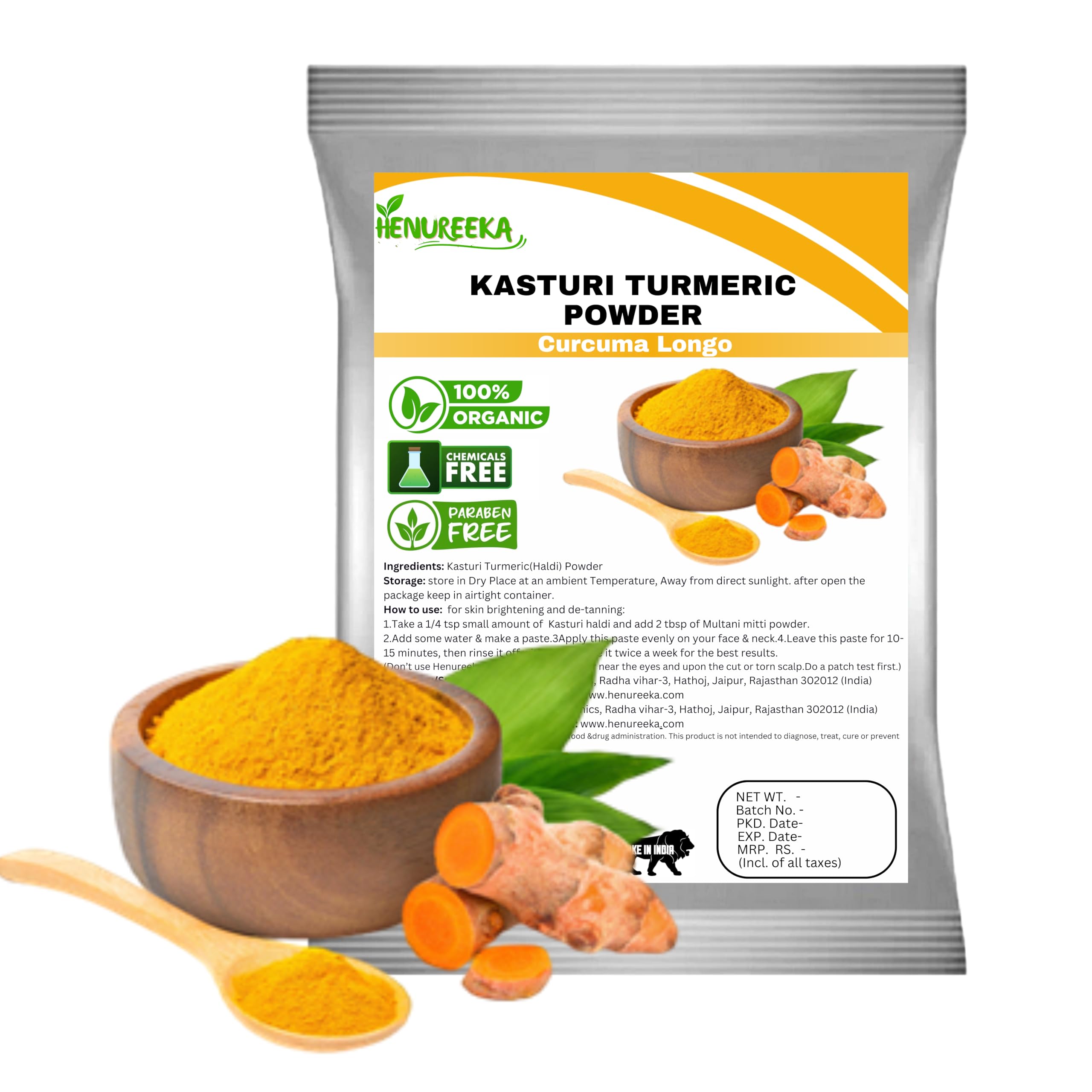 Kasturi Turmeric Powder (Curcuma Longo) 100% Organic, Chemical-Free, and Paraben-Free Skin Brightening & De-Tanning Natural Beauty Care (100g) — Amazon image 6