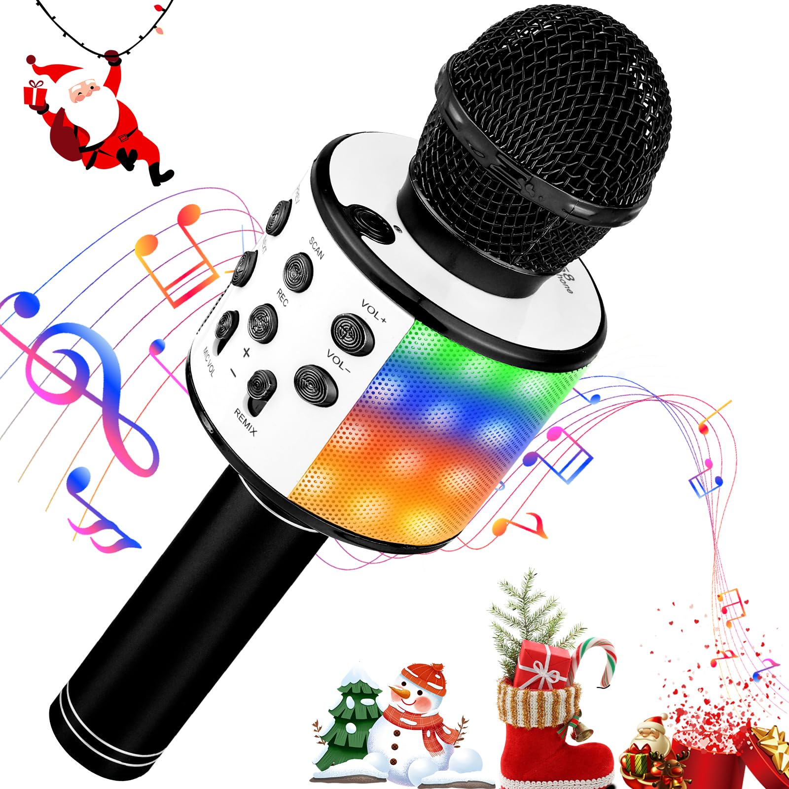 Microphone Karaoké sans Fil Bluetooth avec Lumière LED Multi Couleur, Microphone Karaoke pour Enfants/Adultes Chanter Club Noël Anniversaire Soiree Famille Youtube Live, Idée Cadeau (Noir)