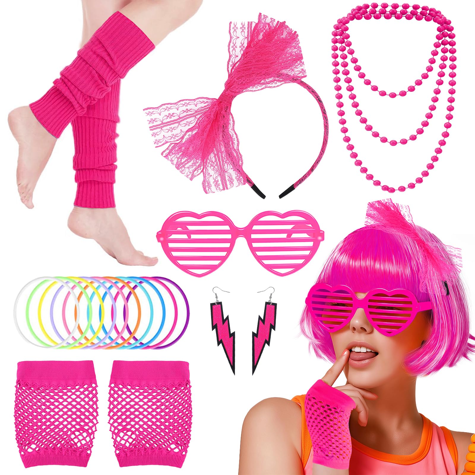80s Fancy Dress Accessories Set, 1980s Retro Costume Kit with Bow Headband Leg Warmers Fishnet Gloves Earrings Necklace for Women Girls 80s Theme Party Hen Do Party Supplies (Rose Red)