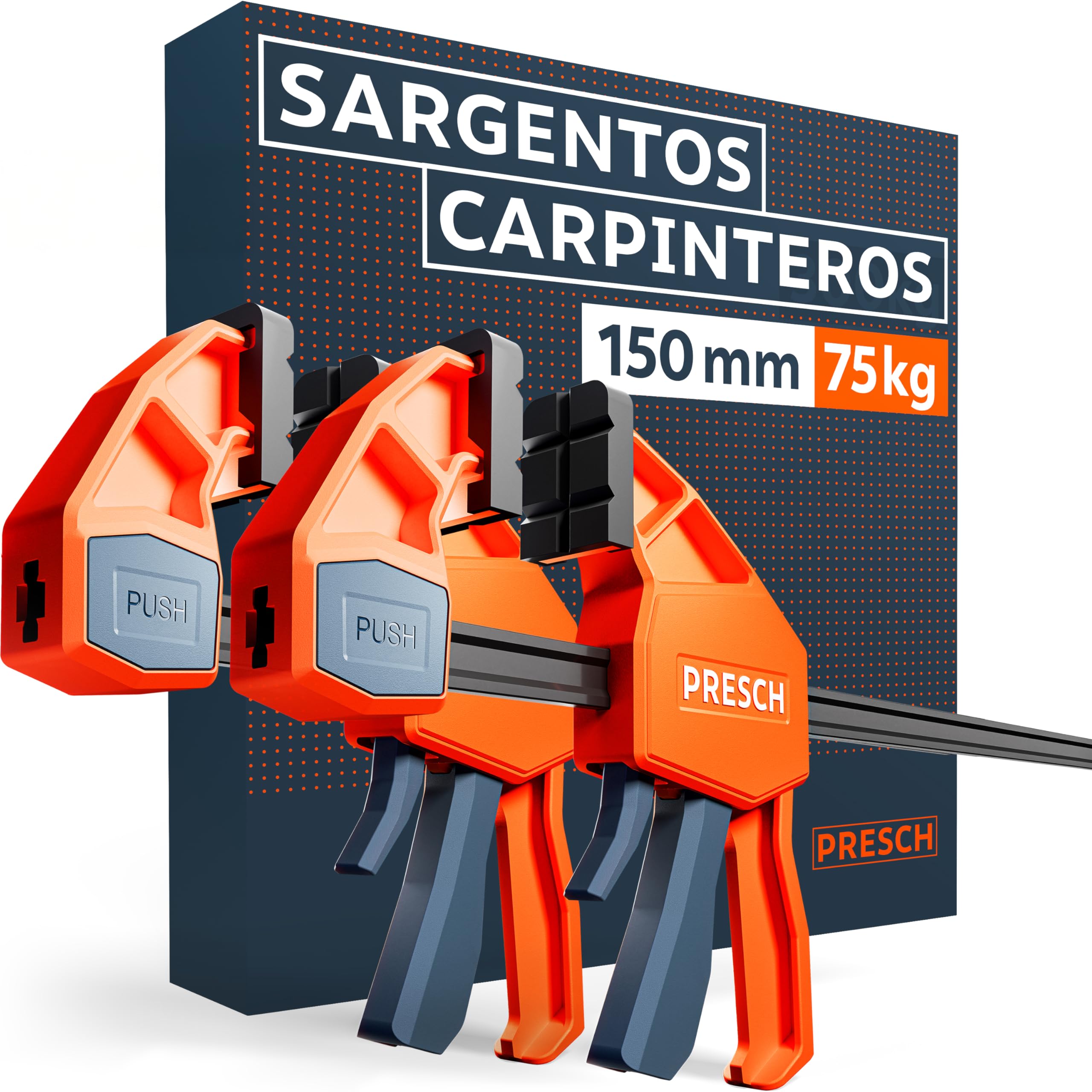 Presch Sargentos Carpintero 150mm 2 uds - Sargentos de apriete con 75 kg fuerza de sujeción - Robusto gracias al acero al carbono y al cuerpo reforzado con fibra de vidrio - Con función de expansión