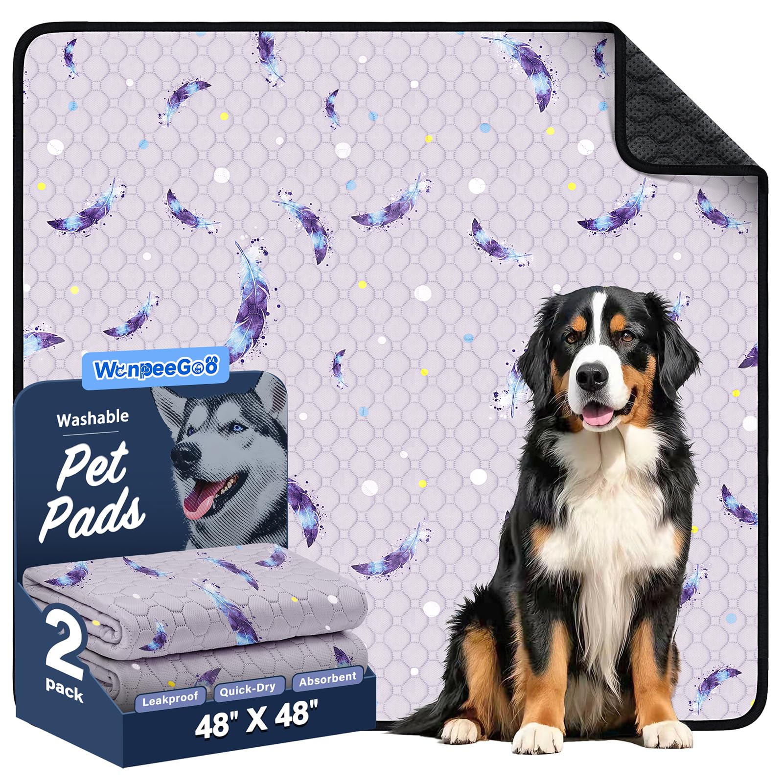 WanpeeGoo Washable Pee Pads for Dogs, 2 Pack Reusable Puppy Pads, Super Absorbent & Leakproof Dog Pads, Anti-Slip Dog Pee Pads for Puppy Training & Incontinence, Feather Pattern 122x122cm — image 1