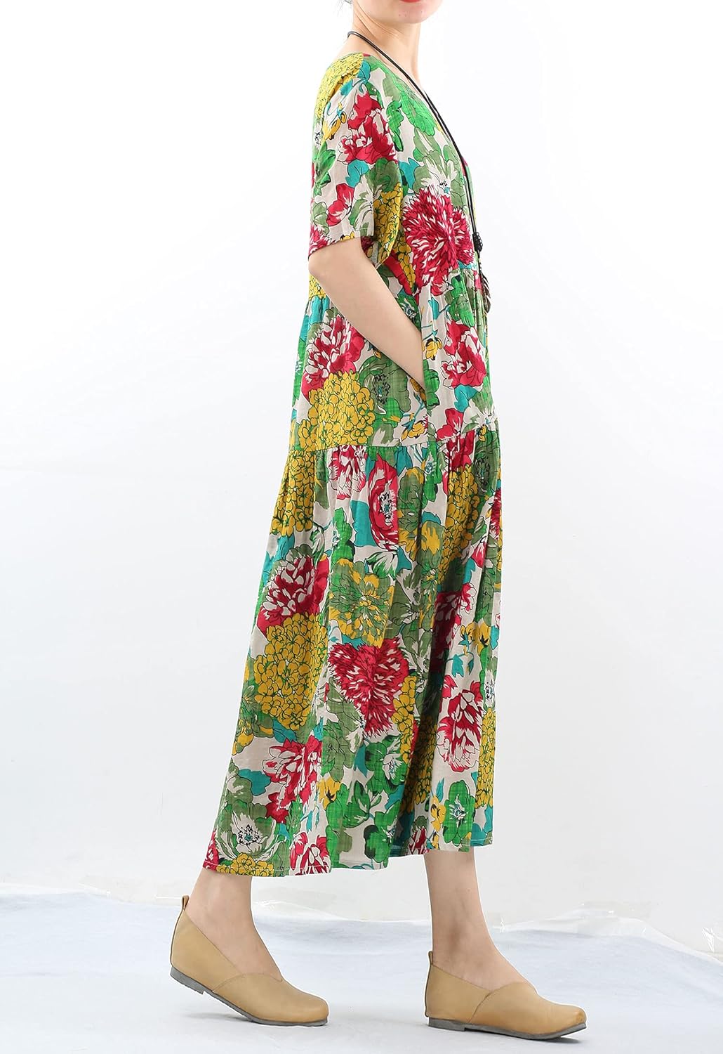 Minibee Women's Bohemian Maxi Dress Summer Short Sleeve Boho Floral Long Beach Swing Dresses with Pockets - Image 4