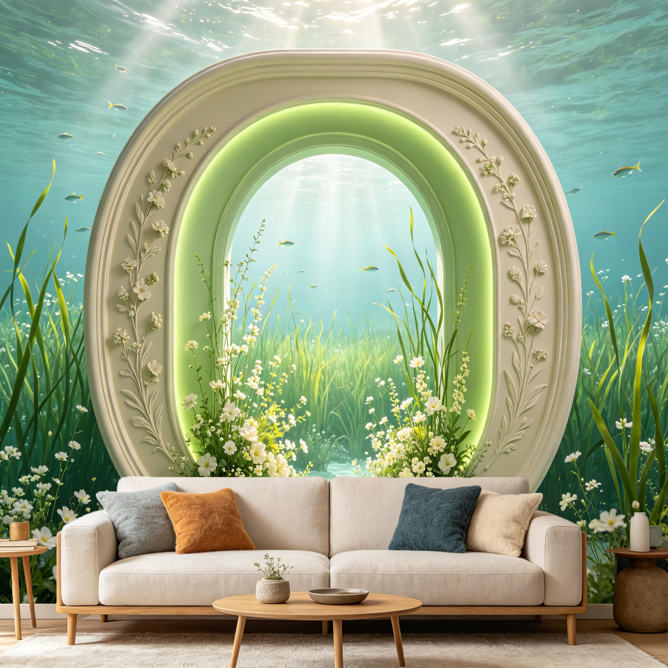 Custom Size Wall Mural， 3D Underwater Archway White Floral Botanical， SelfAdhesive Art Prints wall Fabric Removable Large Wallpaper Home Living Room Decor