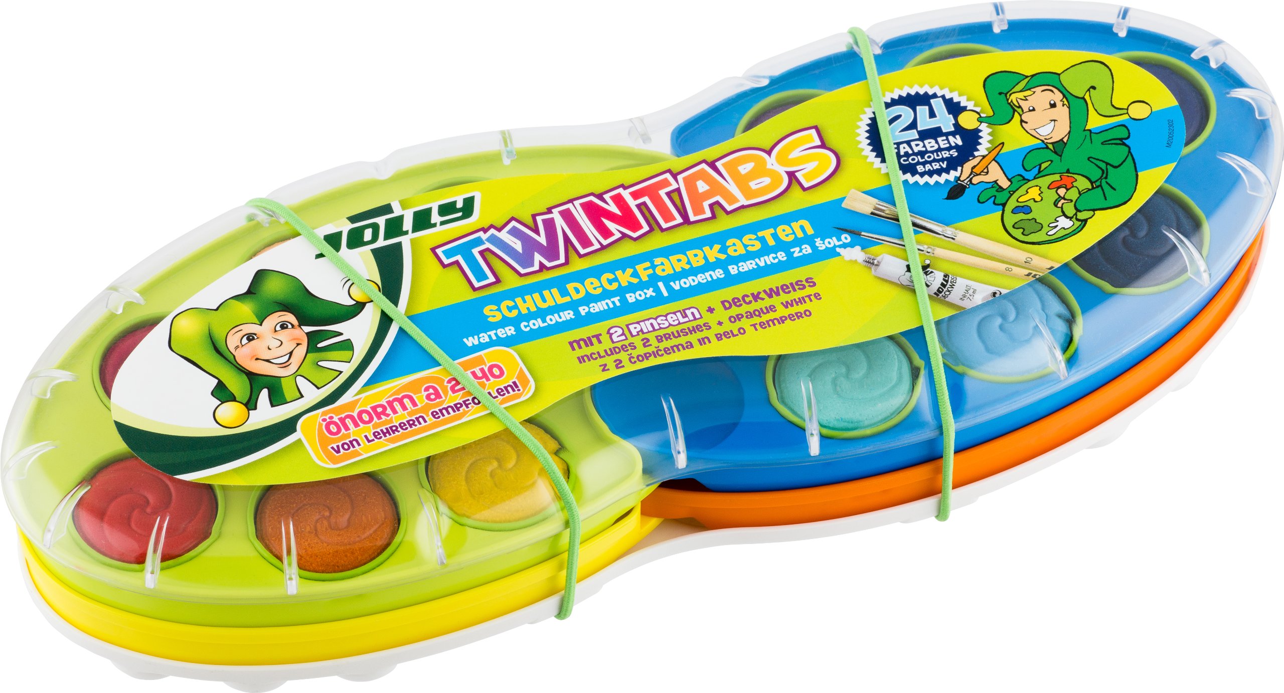 Jolly TwinTabs | Deckfarbkasten, Farbkasten | mit Click Funktion | Großes Mischtablett | inkl. 2 Pinsel und Deckweiß | 24 Farben | von Lehrern Empfohlen