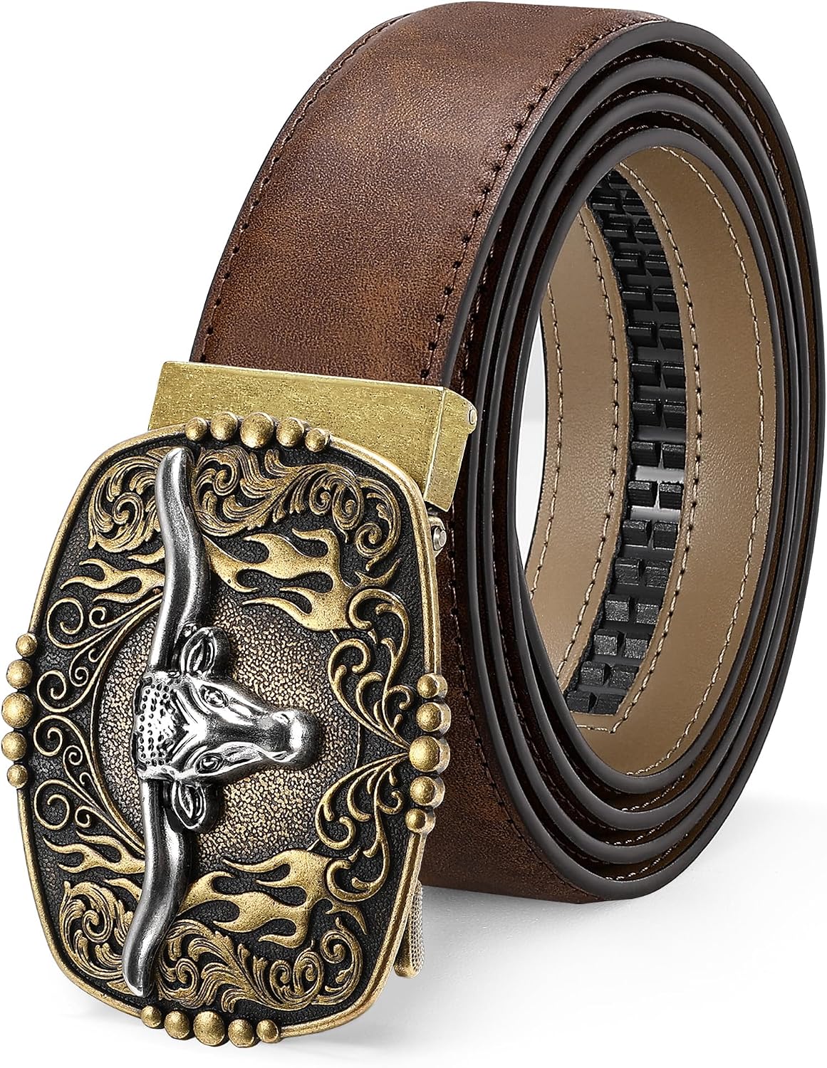 Cowboy Ratchet Belt for Men Western Leather Belt with Solid Color Strap