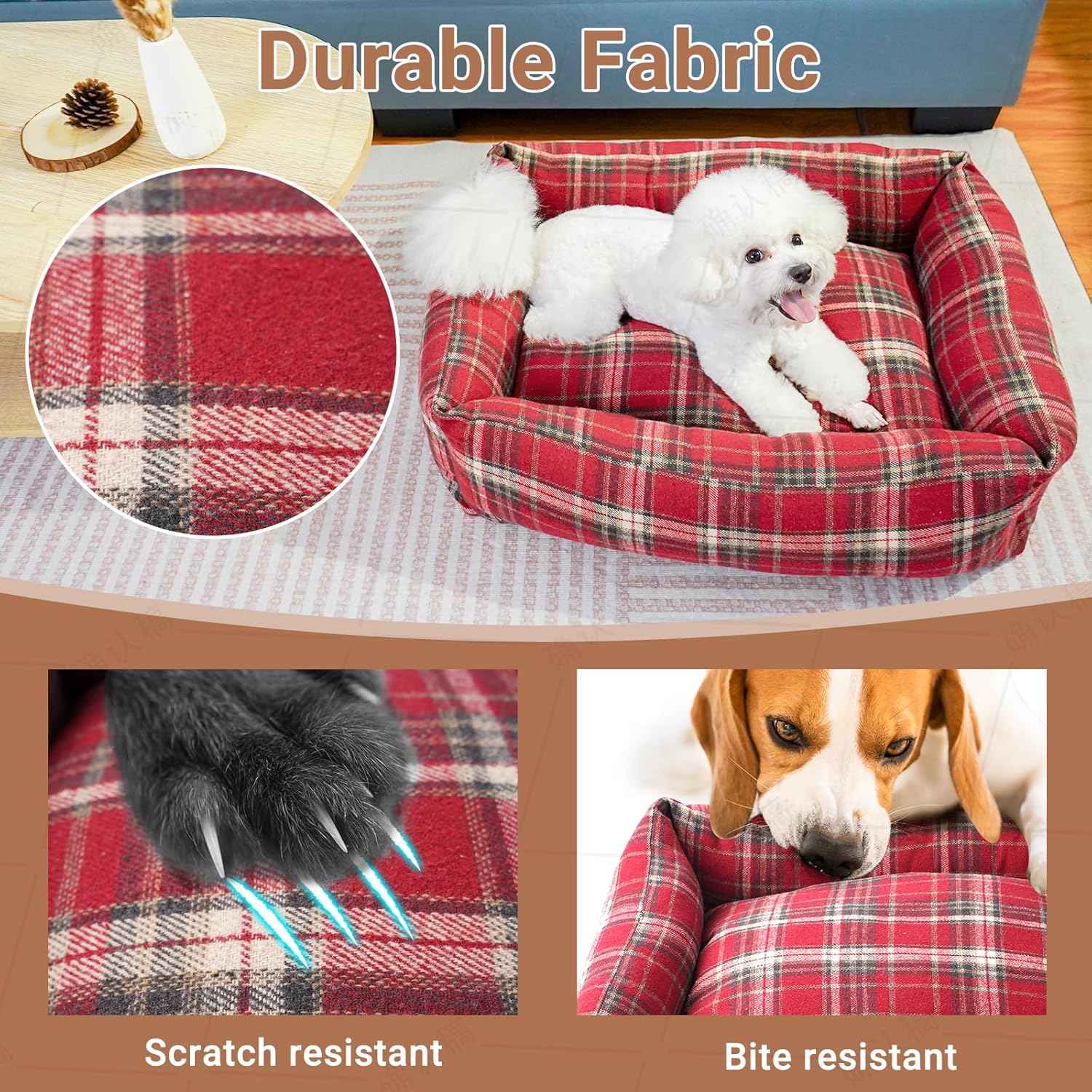 Rectangle Dog Bed for Medium to Large Dogs Plush Red Plaid Zipper Removable Machine Washable Cover Anti-Slip Bottom 35 x 25 x 10 Inches