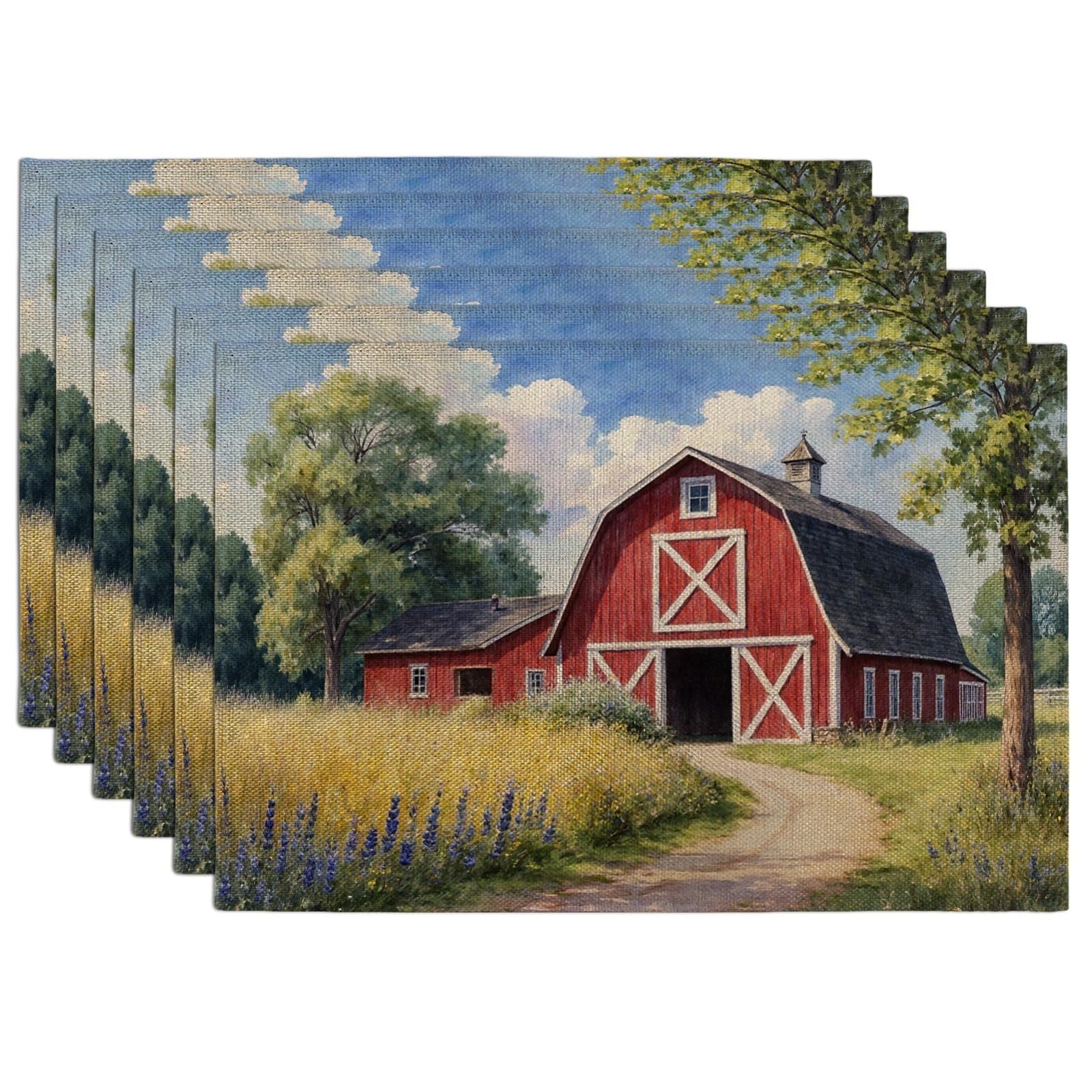 Rustic Barn Placemats, Country Landscape Decorative Place Mats for Dining Table, Farmhouse Non-Slip Washable Indoor Outdoor Kitchen Party Placemat Set of 6