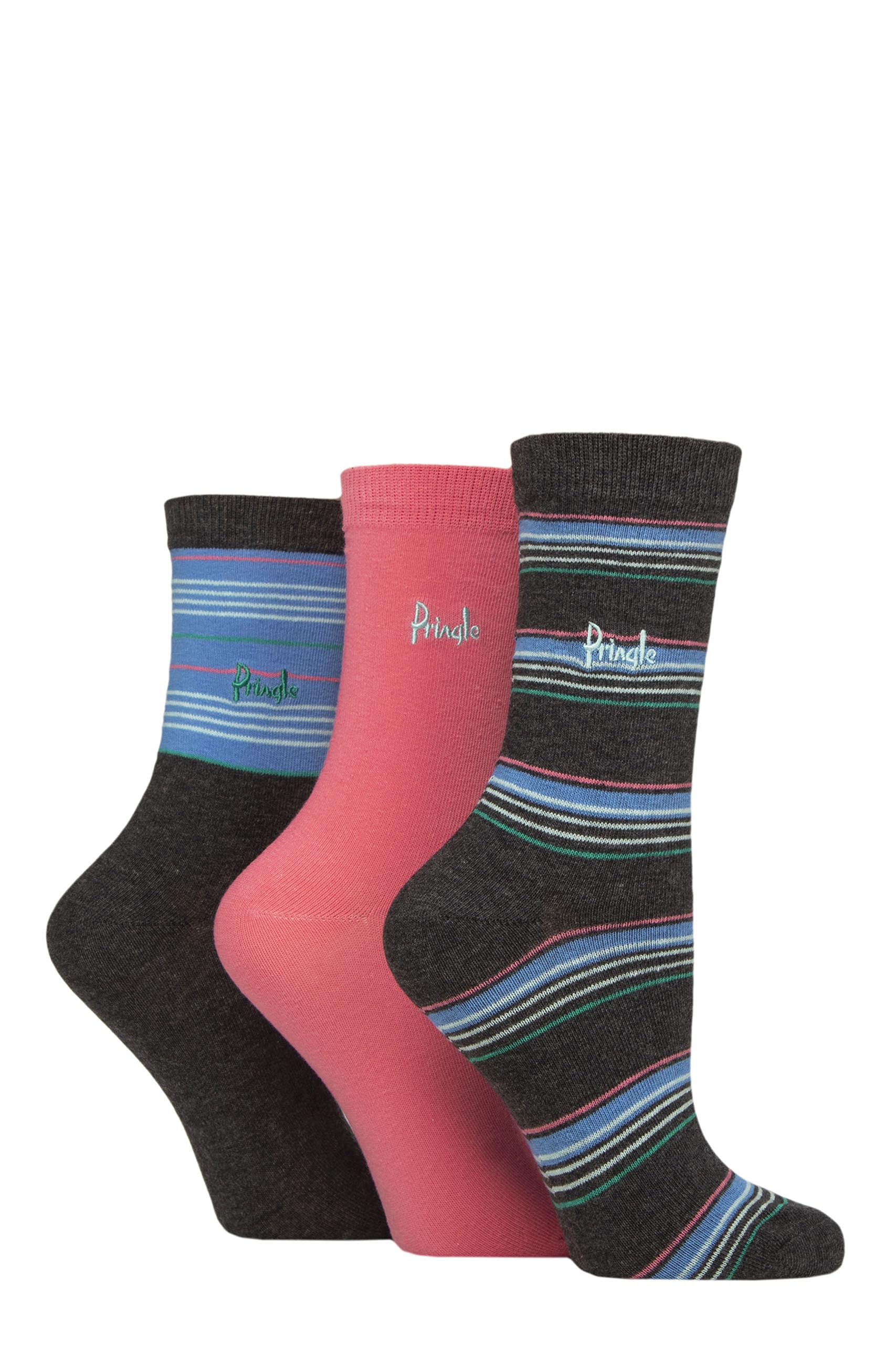 Pringle of Scotland Ladies Patterned Cotton Socks Pack of 3 (UK, Numeric, 4, 8, Regular, Regular, Charcoal Multi Stripe)
