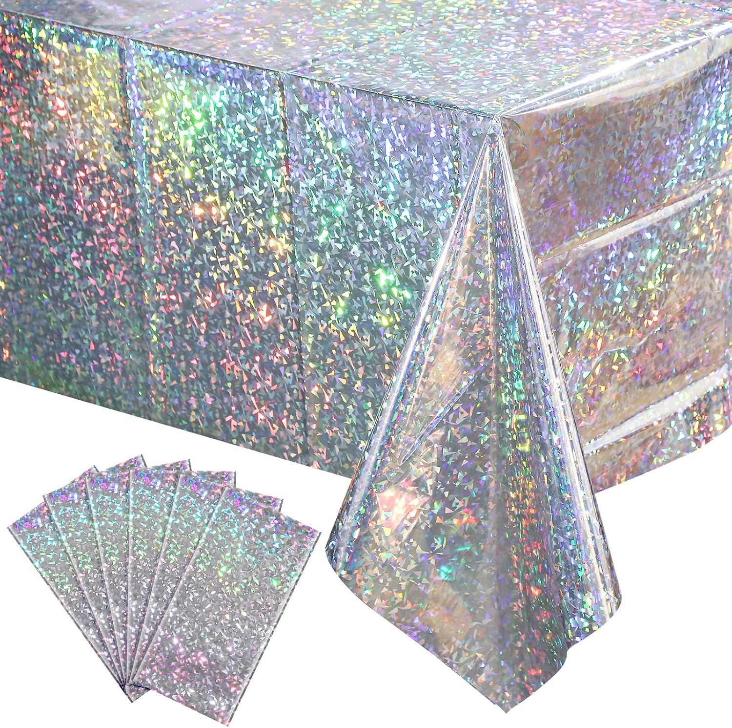 3 Pack New Iridescent Silver Tablecloth Party Decorations, Holographic Silver Glitter Plastic Tablecloth, Disposable Laser Rectangle Table Cover for Disco Birthday 70s Theme Party Decorations, 54x108"