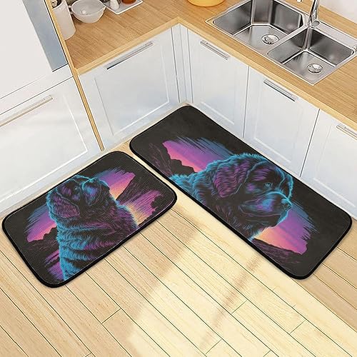 Miniatura 2 de Kitchen Mats for Floor 2 Piece Set Newfoundland Dog 80s Print, Anti Skid Cushioned Water Absorbent Kitchen Rugs Door Mat Floor Mats for Kitchen Sink