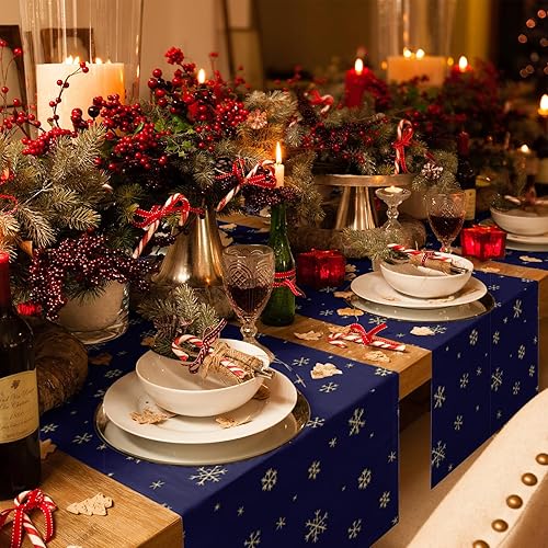 Miniatura 4 de Camino de mesa de Navidad de copo de nieve azul de 90 pulgadas de largo, bufandas de vestido de granja, diseño de copo de nieve de invierno amarillo