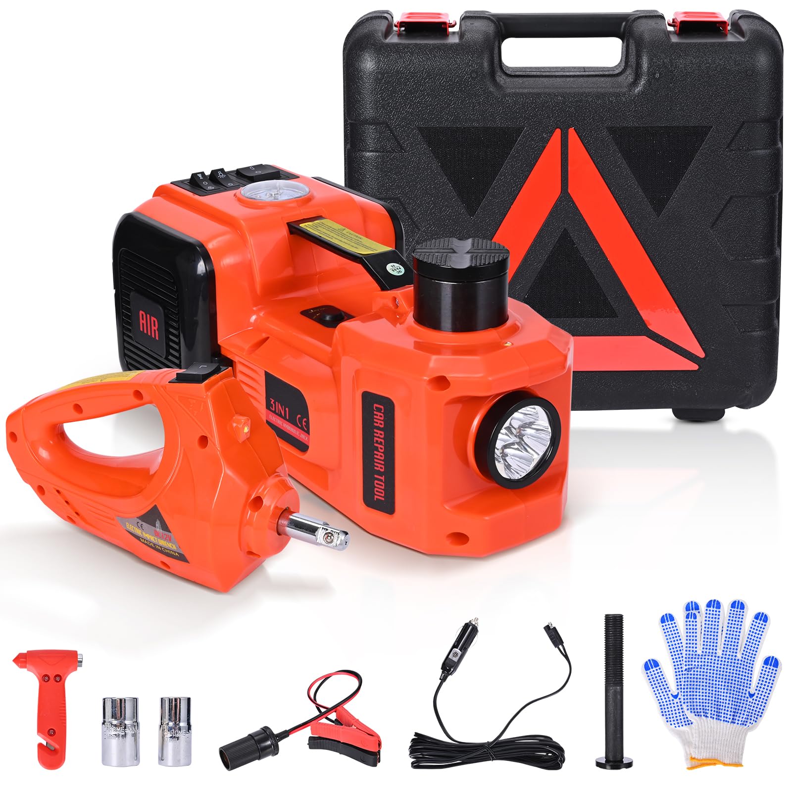 Gato hidráulico eléctrico 5T, gato hidráulico con llave de impacto eléctrico, rango de elevación 15-53 cm, cargador con bomba inflable y luz LED para coche, SUV, sedán, MPV