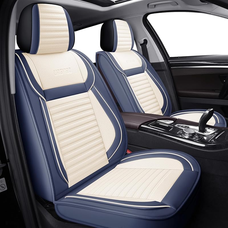 LINGVIDO Jogo Completo de Capas para Bancos Automotivos em Couro Sintético Nappa Branco e Azul