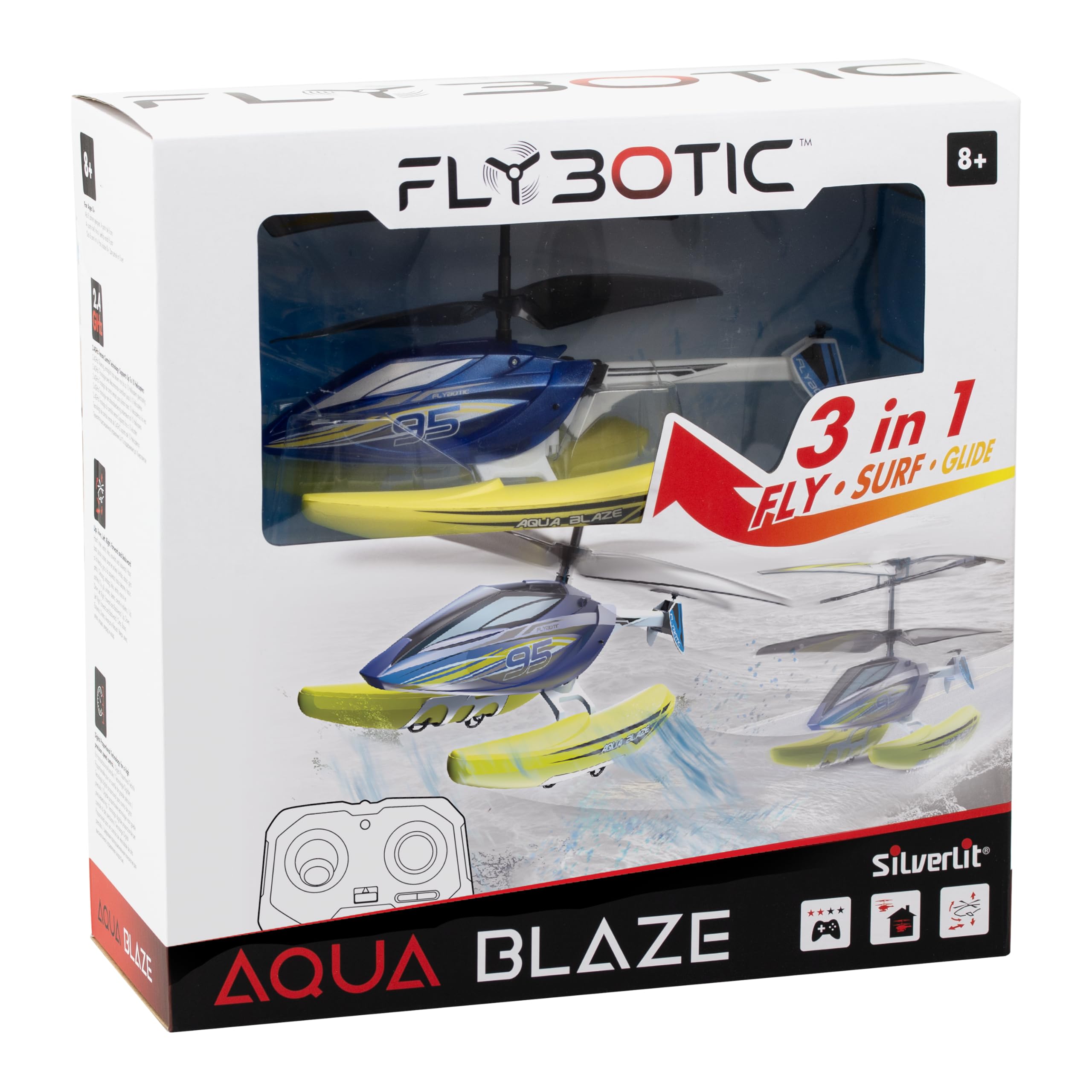 FLYBOTIC - Hélicoptère télécommandée Amphibie 3 en 1 Aqua Blaze - Pilotage Facile - Vole et Glisse sur l'Eau - Batterie Recharge Usb - Piles Télécommandes Non Inclues - Idée Cadeau Enfant Dès 8 Ans