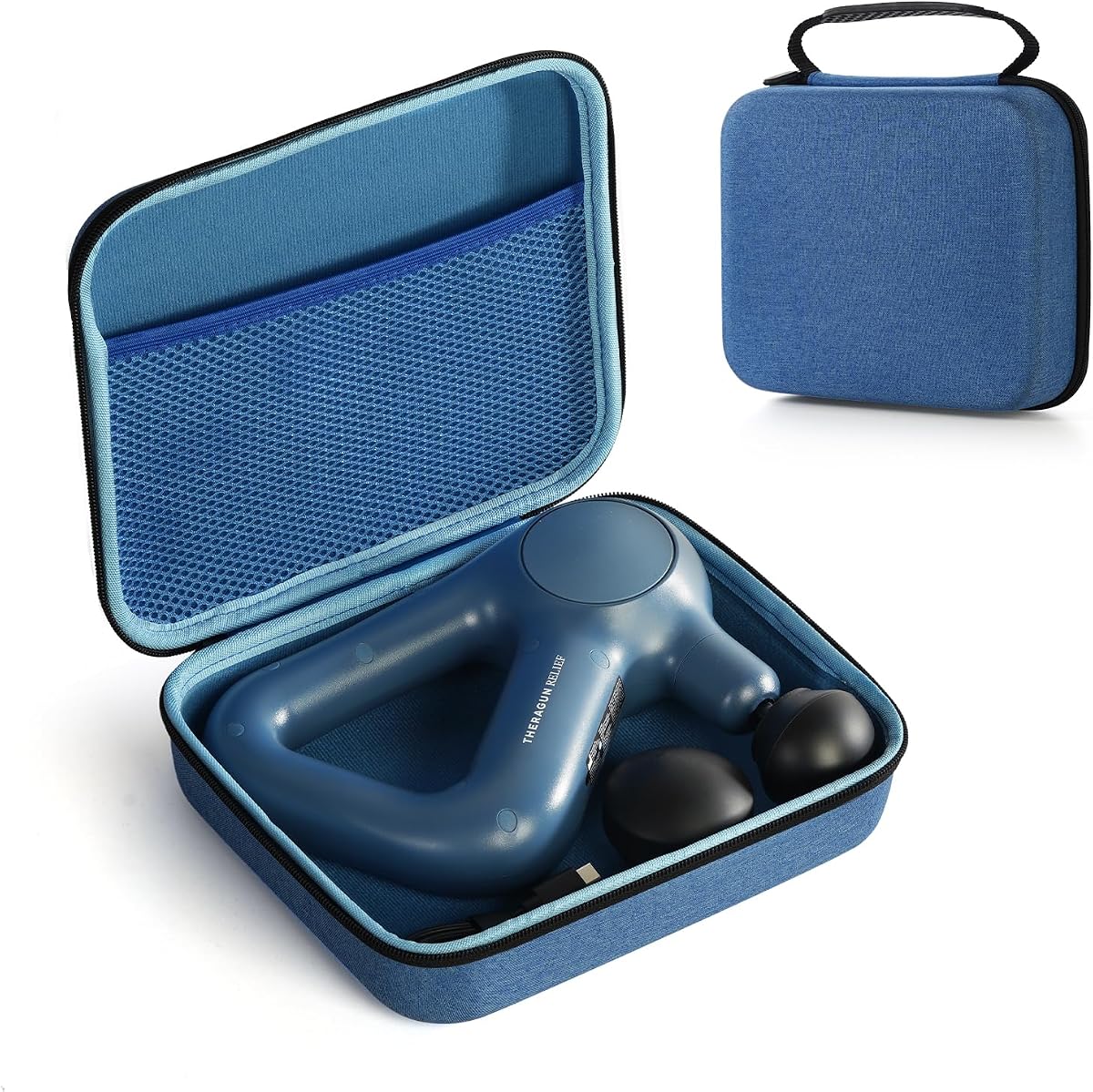 Estuche rígido para pistola de masaje compatible con pistola de masaje de percusión portátil TheraGun Relief, estuche de viaje portátil, bolsa de transporte con bolsillo de malla para cables y otros accesorios, azul (solo para modelo en relieve)