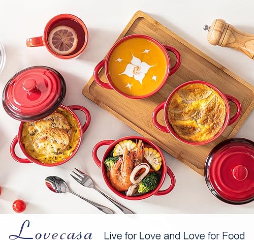 Miniatura 2 de LOVECASA Juego de mini cocotte, cacerola pequeña de 14 onzas con tapas, cuencos de sopa con asas, moldes individuales para hornear, aptos para