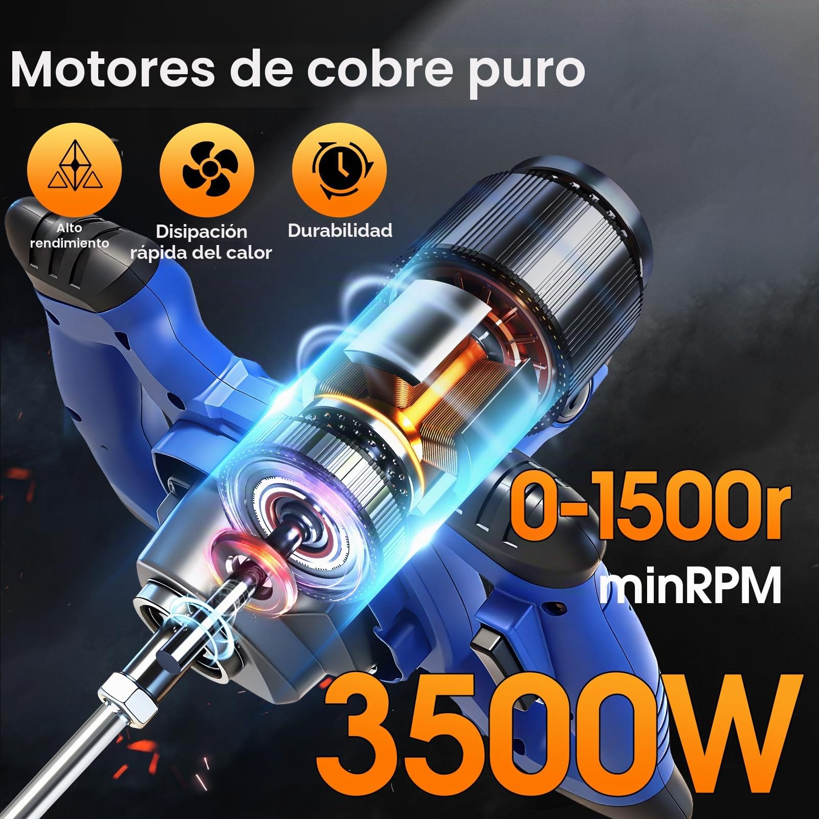 Mezclador de mortero, agitador de 3500 W, con electrónica de 6 velocidades, 0-1500 /min, caja de cambios de aluminio, alojamiento M14, agitador de 120 mm de diámetro para mezclas de hormigón