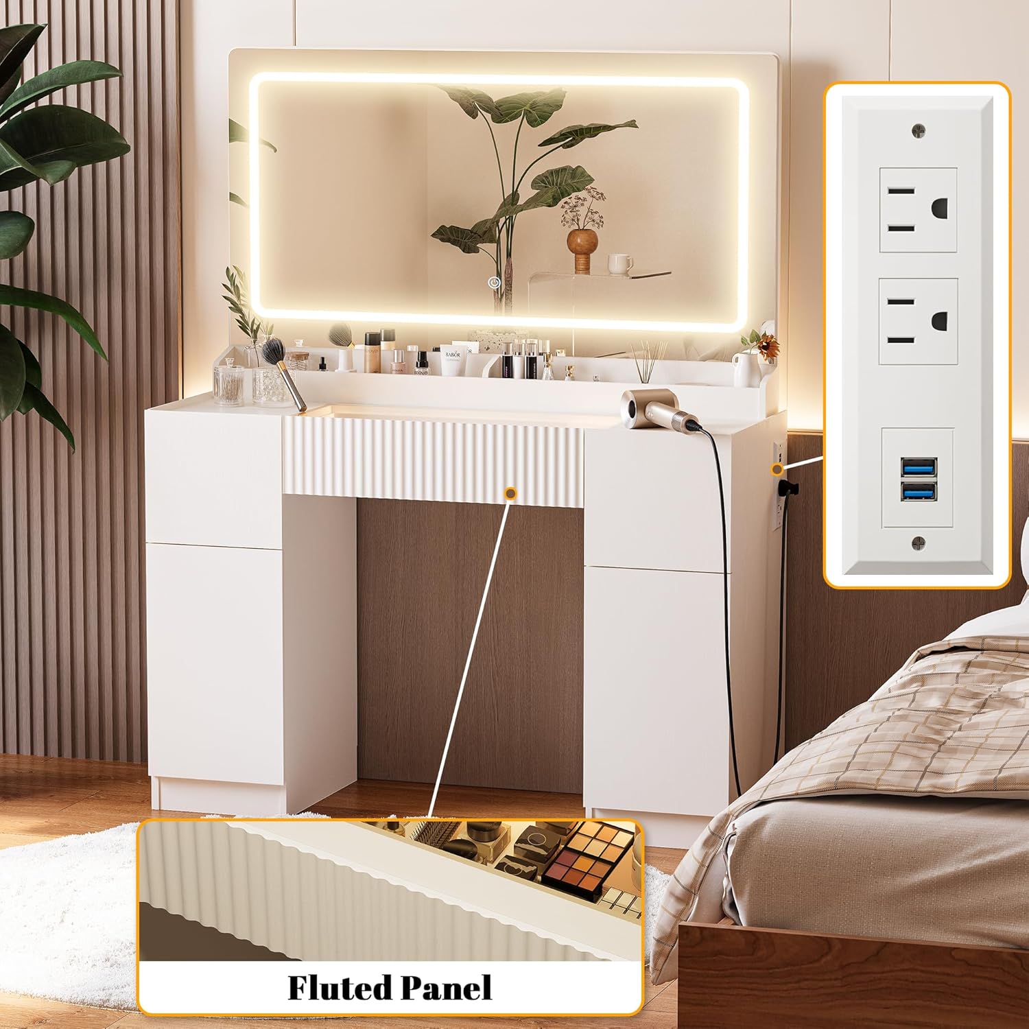 44" Vanity Desk with Large Mirror and Lights, Modern Glass Top Makeup Vanity Set with Power Outlet, 3 Drawers and 2 Cabinet, 3 Lighting Color Adjustable Dressing Table for Bedroom,Pure White