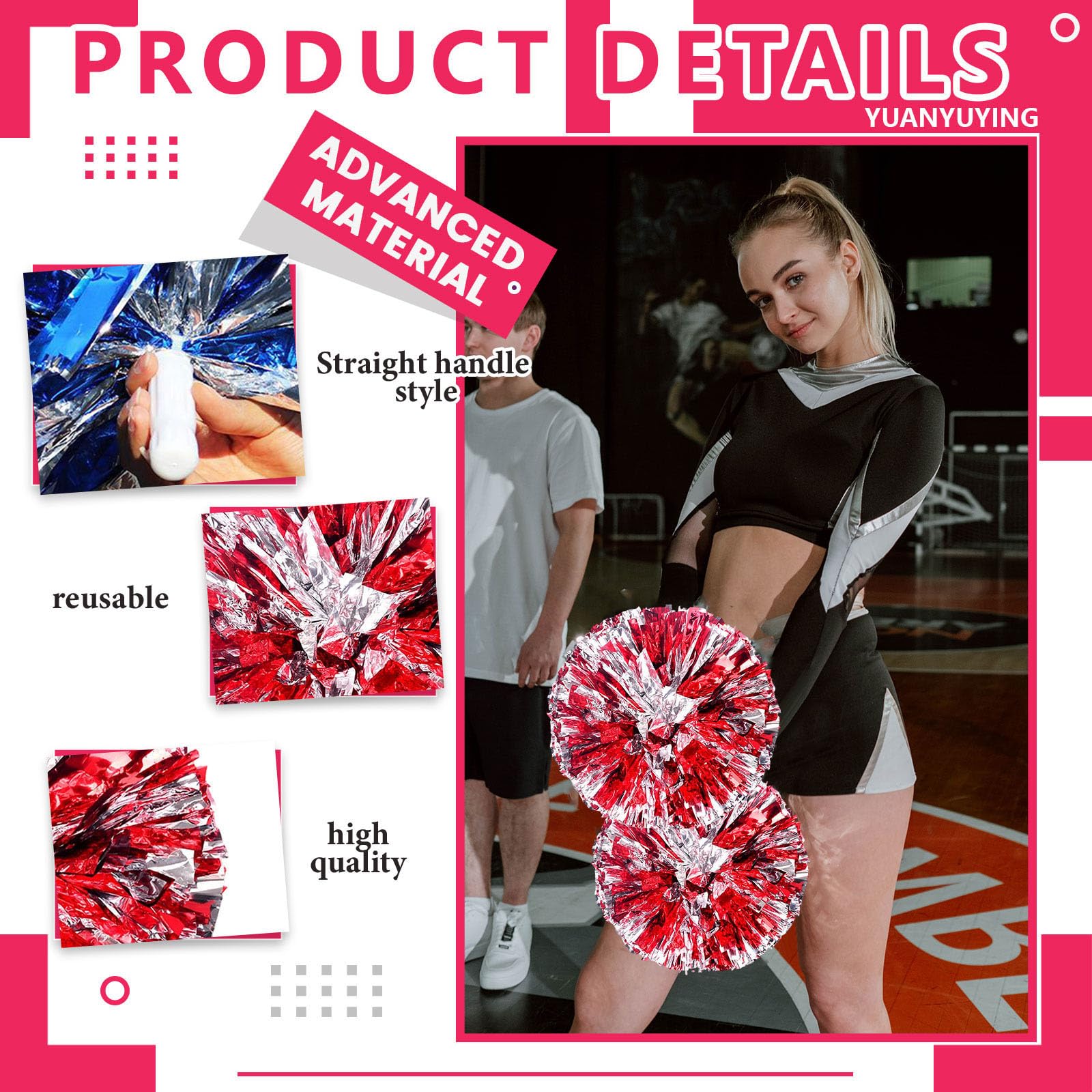 24 szt. pompony Cheer, 34,7 cm pompony cheerleaderki z prostym uchwytem, styl cheerleaderki, pompony do tańca, zapałek (czerwony + srebrny)