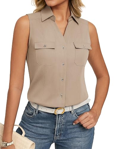 GRACE KARIN Blusa sem mangas com botões para mulher, decote em V, casual, para v