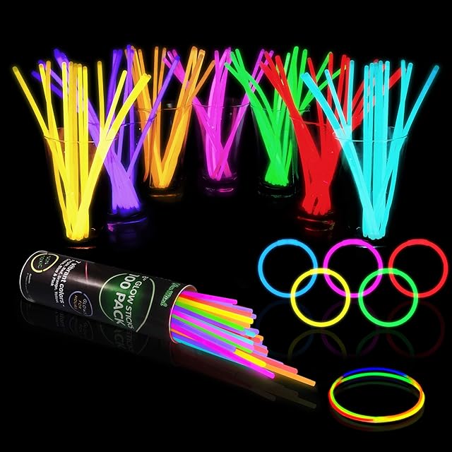 100 Glow Sticks Bulk Party Supplies Glow in The Dark Fun Party Pack with 8" Glowsticks and Connectors for Bracelets and Necklaces for Kids and Adults