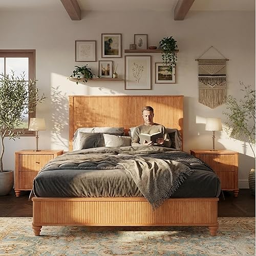 Queen Size Bed Frame with 54 inch Tall Headboard,Rubber Wood Queen Bed Frames with Sturdy Slat Support, Solid Wood Legs,No Squeak, No Box Spring Needed,Mid-Century Design, Natural