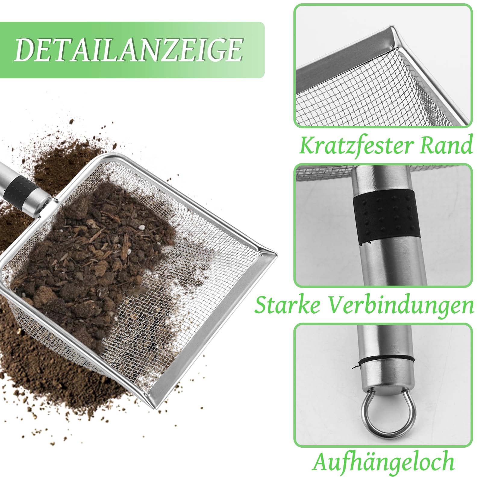 4 Stück Edelstahl-Gartensiebe, Grobsieb und Kompostsiebschaufel, Kompostsieb mit Griff, Katzentoilettenschaufel Gartensieb Erde, Steine, Katzentoiletten (2/2,8/3,8/5 mm Maschenweite)