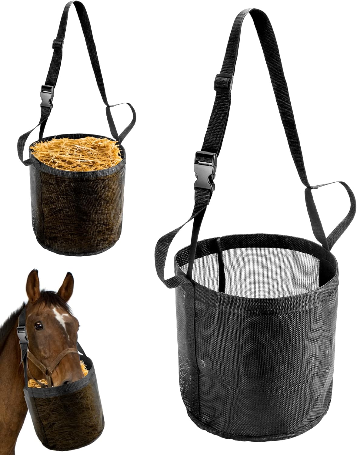 QWORK 2 Pack Horse Feed Bag for Grain – Durable Mesh Grain Feeder with Adjustable Strap, Comfortable Neck and Nose Pad Horse Muzzle Feed Bag, for Feeding Grain, Powder, Supplements