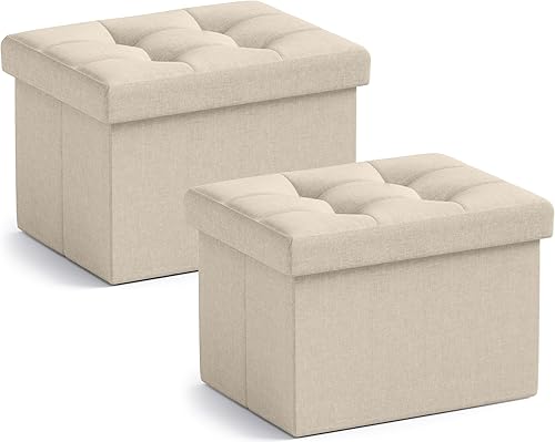 Ornavo Home Otomana de almacenamiento pequeña, juego de 2, plegable, rectangular, de lino, otomano, reposapiés, para sala de estar, dormitorio,