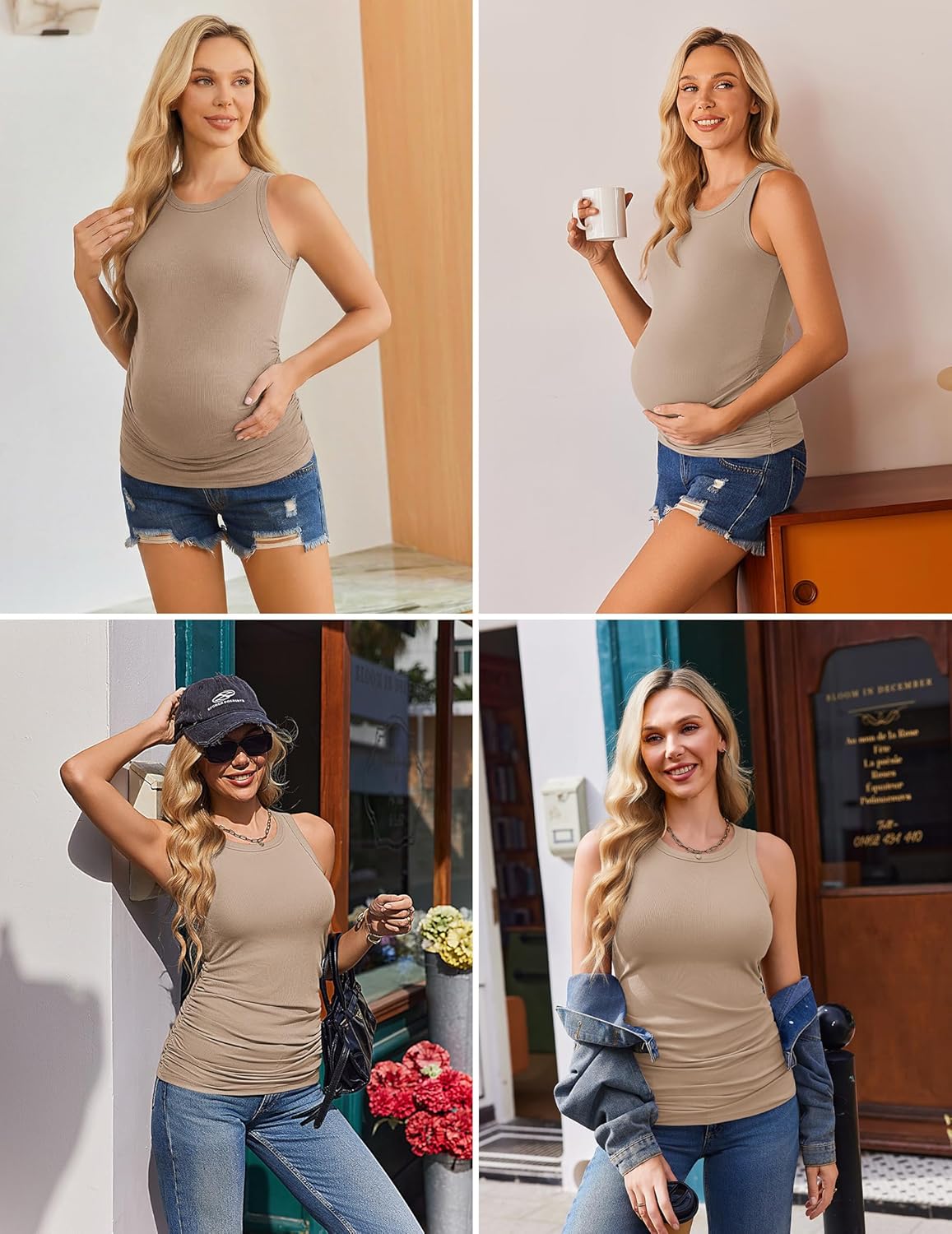 Ekouaer Maternity Tank Tops 3 Pack Womens Ribbed Pregnancy Shirts Crew Neck Ruched Side Mama Clothes S-XXL - Image 6