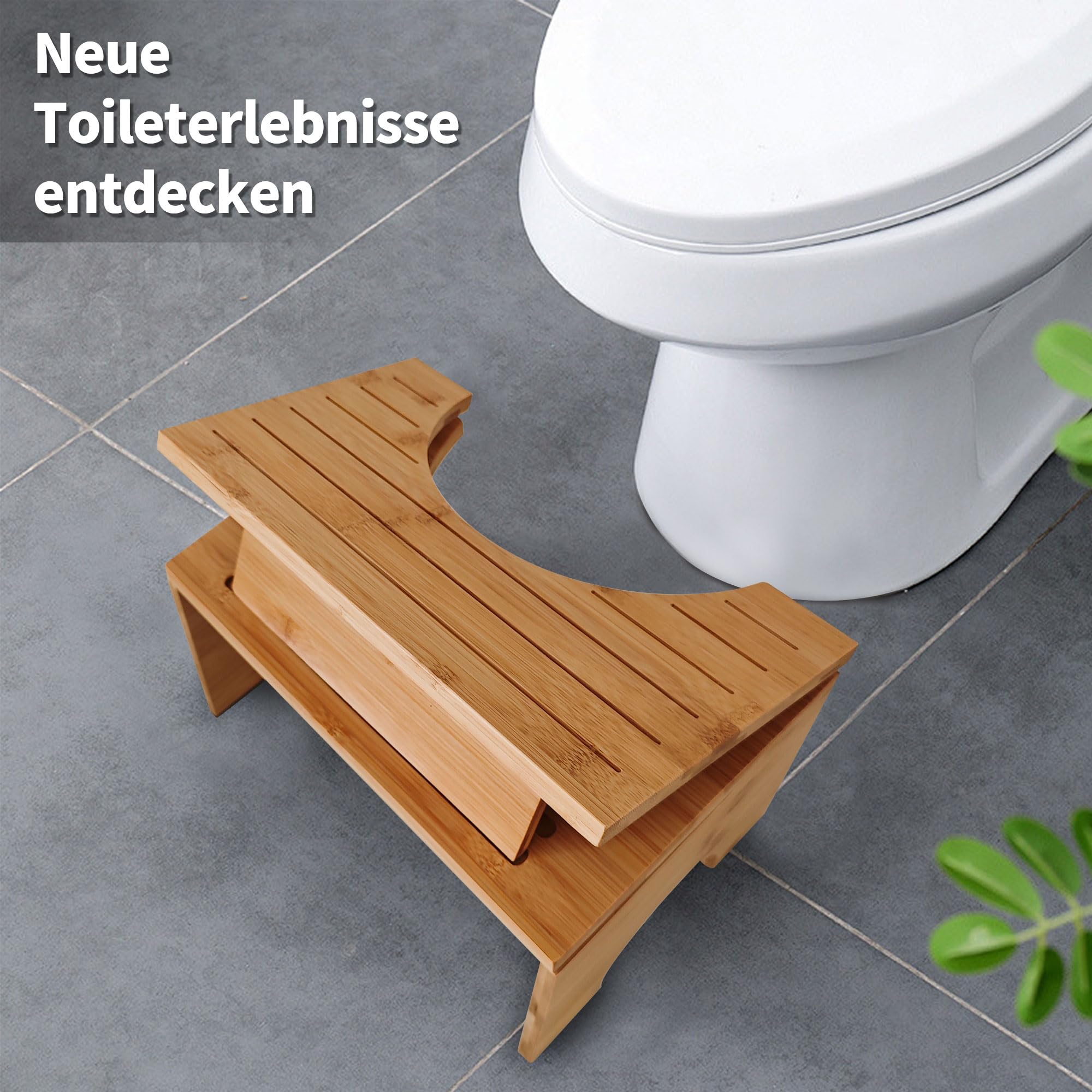 Sgabello WC pieghevole in bambù – Sgabello ergonomico per bagno con 4 marce regolazione dell'inclinazione (18 – 27 cm), antiscivolo, pieghevole, per adulti e bambini