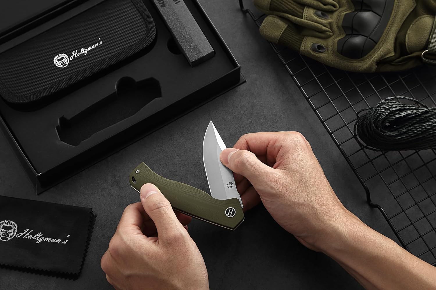 Holtzman's Gorilla Survival Folding Pocket Knife with D2 Steel Blade (Half Stonewashed, Half Silver) and Green G10 Handle (LM042) - EDC Gift Set for Men and Women