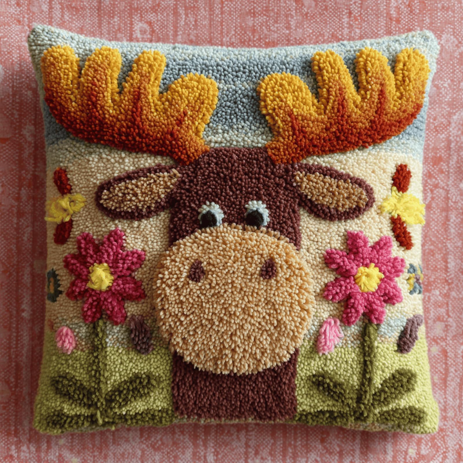 Kitphoenix Multicoloured Latch Hook Cushion Kit For Adults Moose