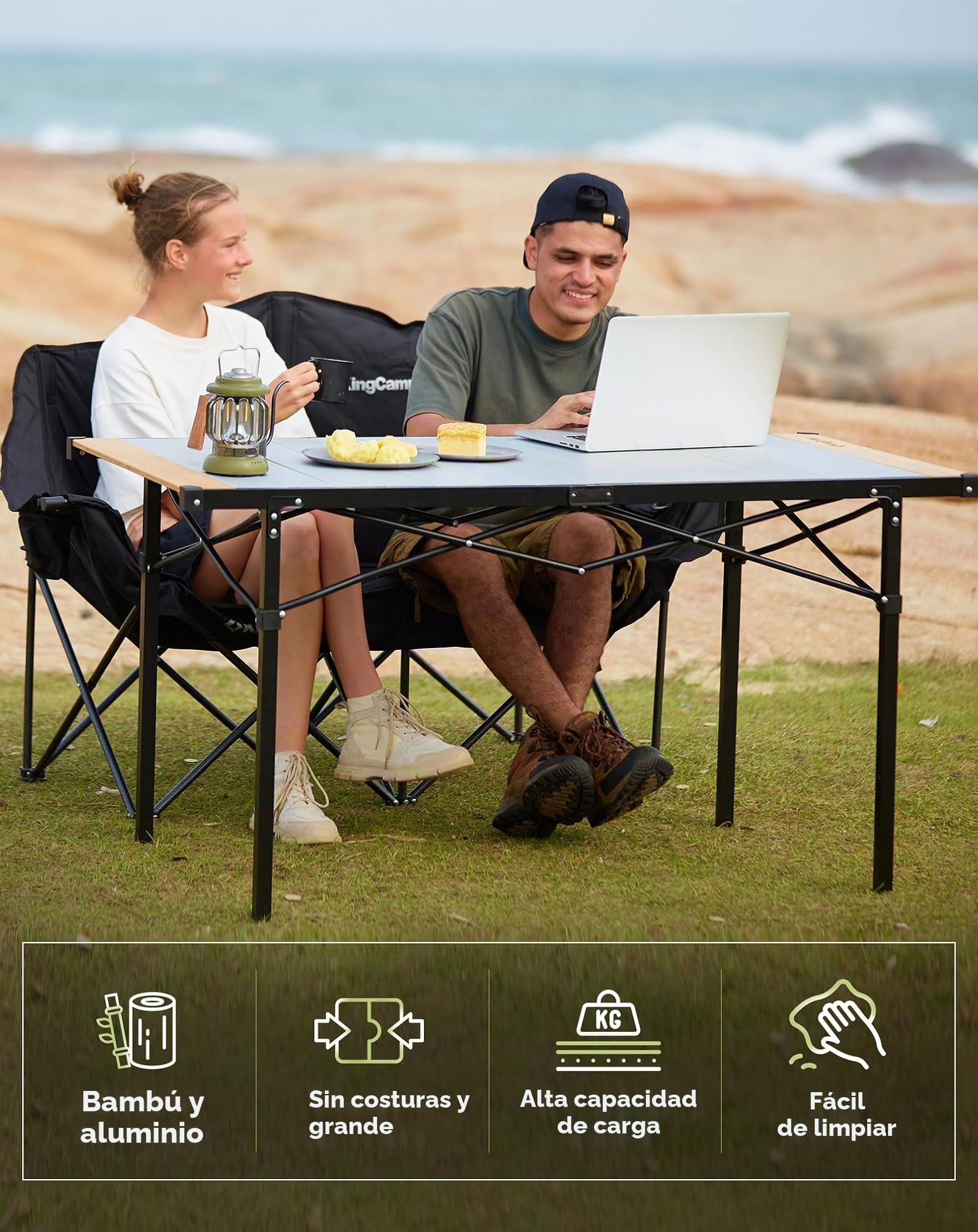 KingCamp - Mesa de camping plegable con marco de aluminio - Superficie enrollable (136 x 70 cm) para 4 a 6 personas - Mesa de camping plegable con bolsa de transporte - Carga máxima: 80 kg - Plateado