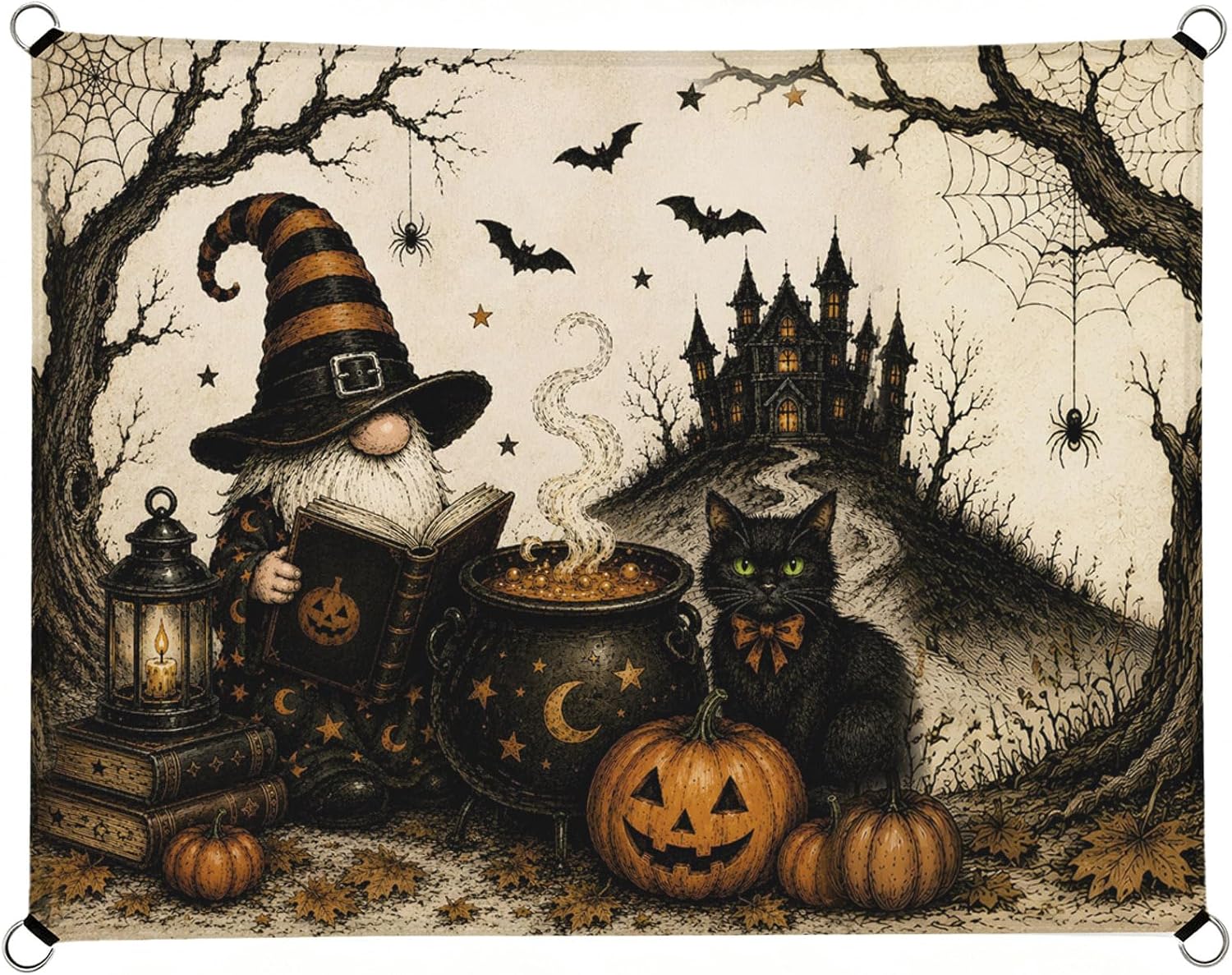 Halloween Sun Shade Sail 12'x16' Wizard Gnome Rectangle Sun Shade Sails Canopy Waterproof Black Cat Bat Pumpkin Spell Book Outdoor Sunshades Sand UV Block Cover Shade for Patio Backyard Deck Porch