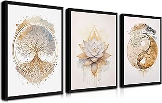Wood Framed Tree of Life Wall Art Set of 3, Modern Gold Lotus Zen Canvas...
