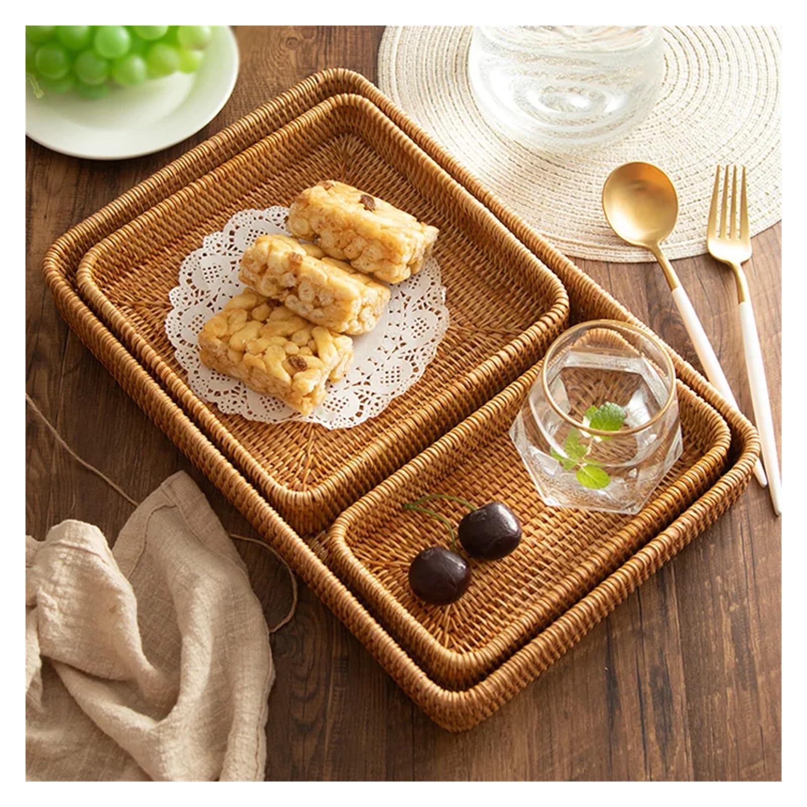 Bandeja de Mimbre Bandeja de Mimbre for Servir, Bandeja Tejida Rectangular, cestas Decorativas de Mimbre Natural for organizar el baño, Organizador de Cocina(M)