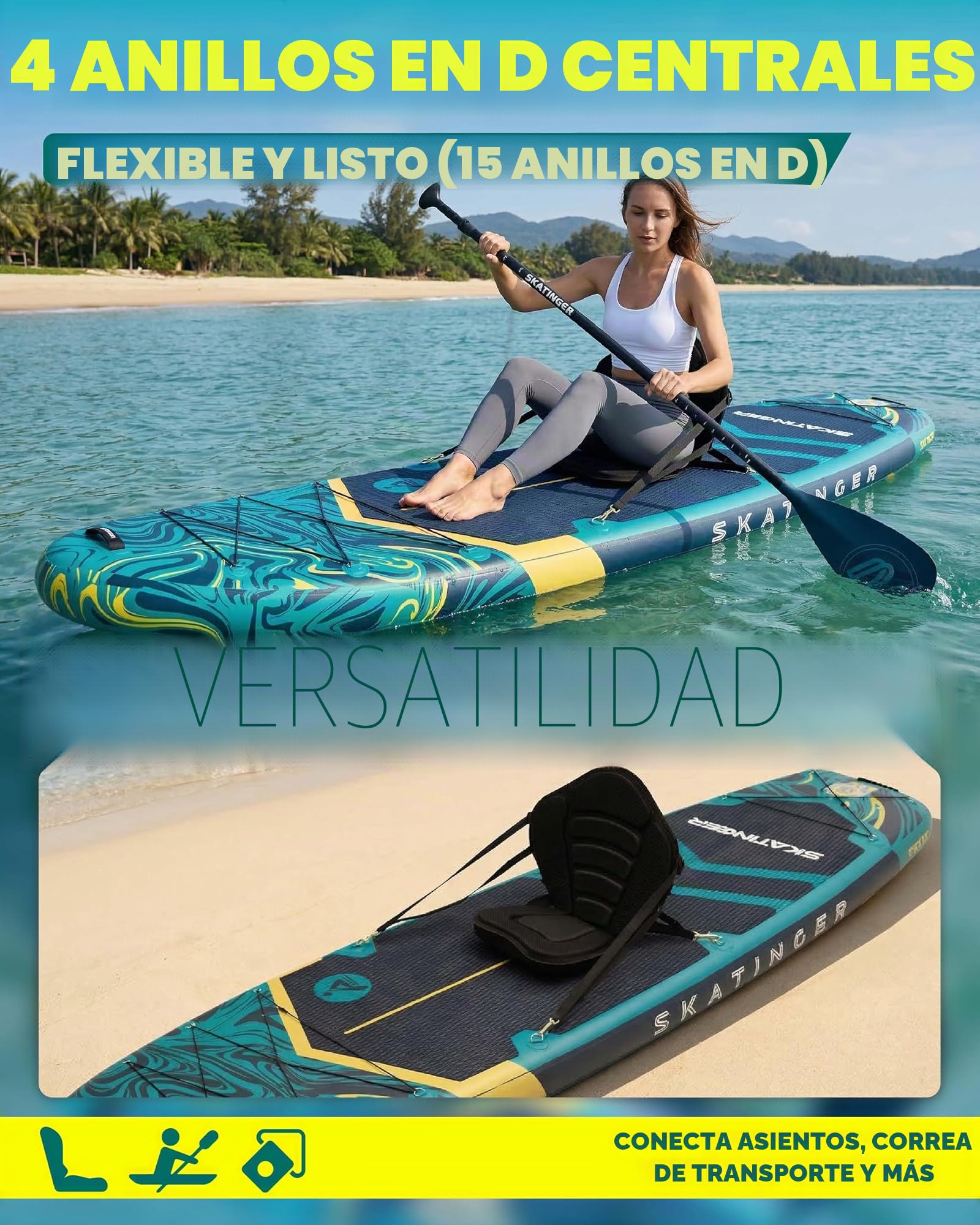 Skatinger Tabla de Remo Inflable extraancha de 335 x 86 cm, soporta hasta 190 kg, para Adultos, Sup Estable para 2 Personas/Familia, Remo de 3 Piezas, Correa para el Hombro, quilla Estadounidense