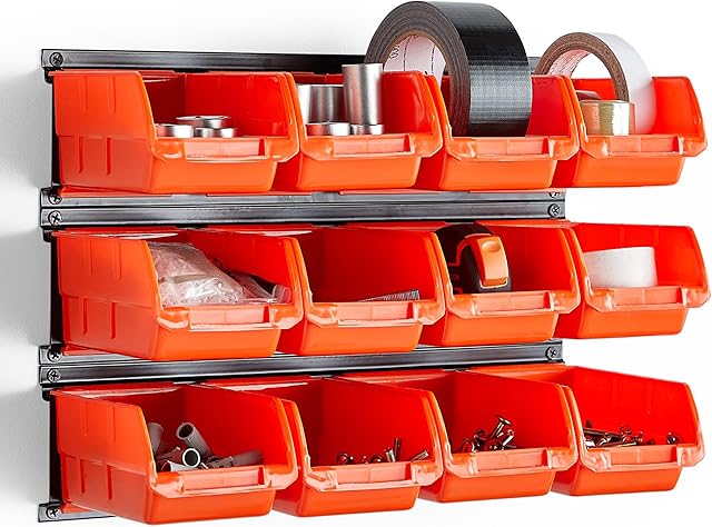 VonHaus Garage and Van Storage Solution - Wall Mount Bin Storage 12 Pc Storage Bins with 3 Adjustable Backplates, Great Bolt, Nuts, Tool or Screw Organiser