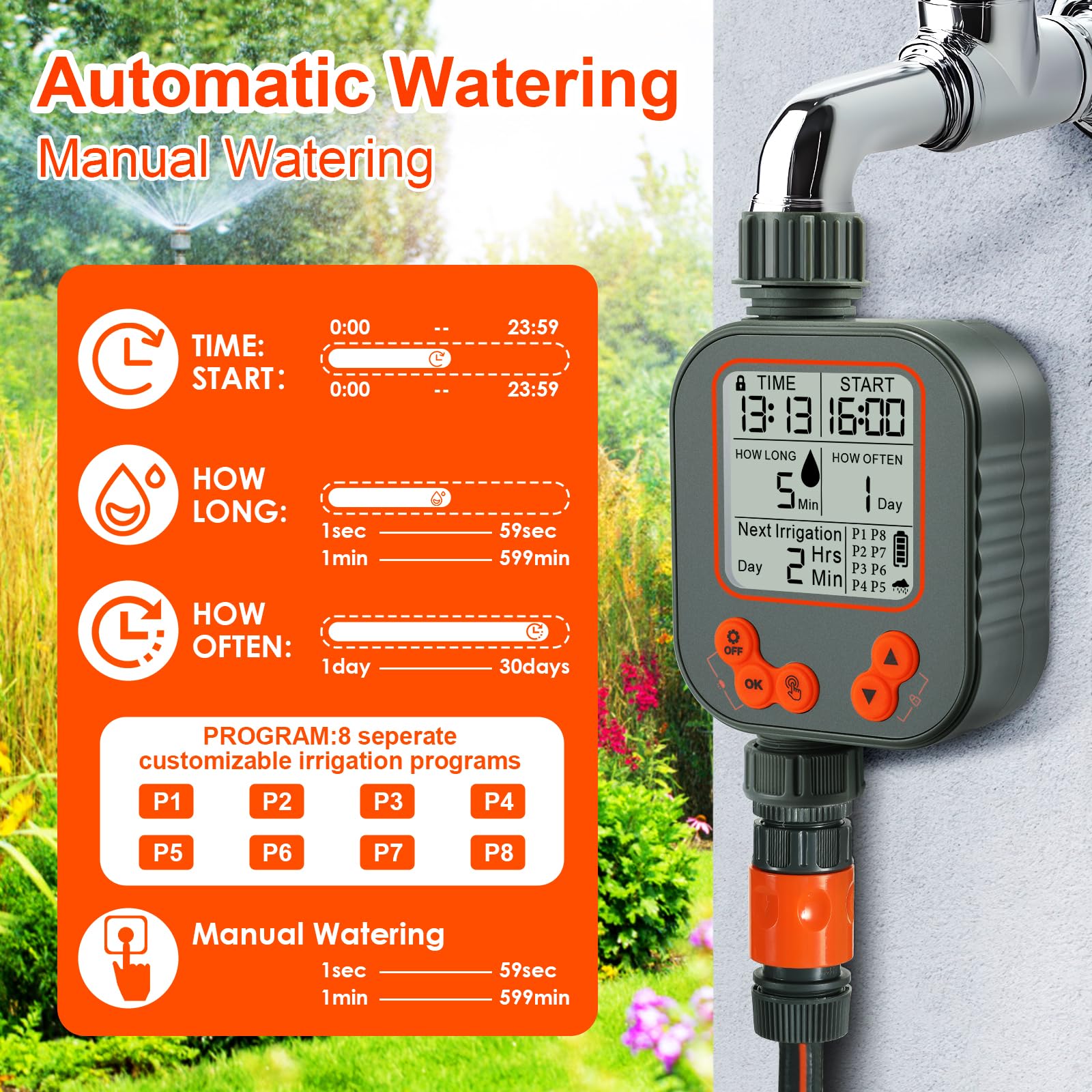 Programmateur Arrosage Automatique Manuel, Retard de Pluie Minuterie d'arrosage, 8 programmes Grand Écran LCD, Verrouillage Enfant, IPX5 Imperméable pour Balcon Jardin Parterre Ferme Extérieur