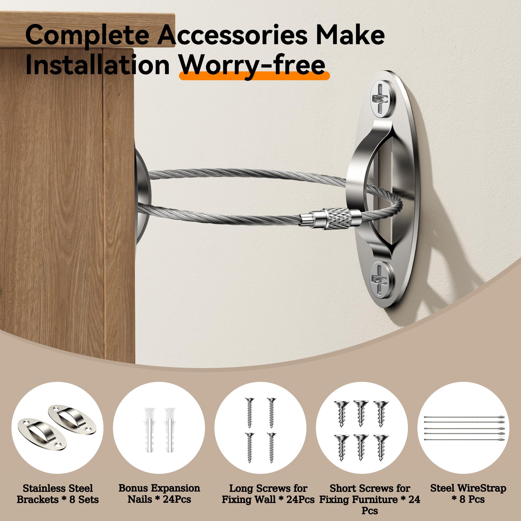 Correas de Anclaje Muebles Antivuelco - Juego de Anclaje de Pared Muebles para Proteger Bebé y Mascota - Correas de Seguridad Metal para Muebles, Estanterías,Armarios (Plateado-8 Kit)