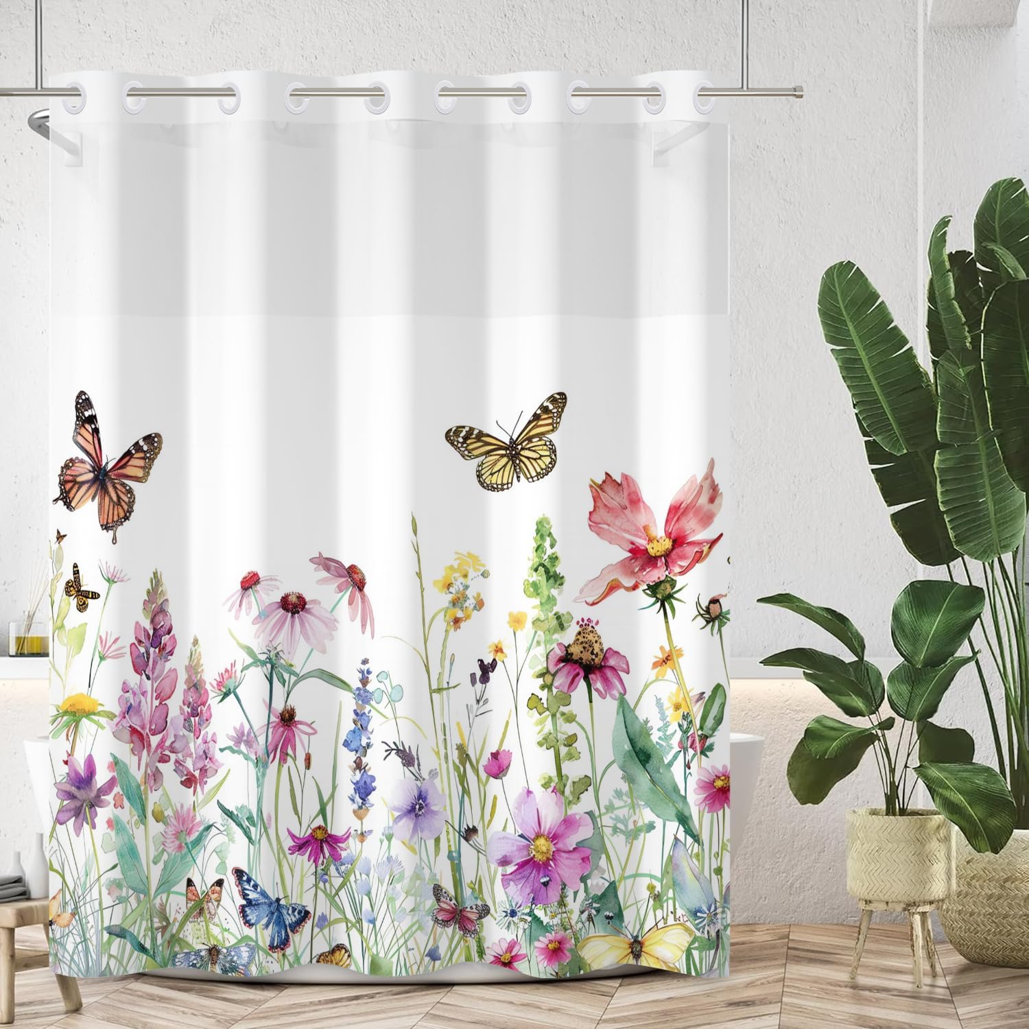 No Hook Shower Curtain with Snap in Liner Watercolor Floral Shower Curtain and Liner Set Spring Flower Plants and Butterfly Bathroom Curtains Double Layers Fabric Decorative 71x74 Inch