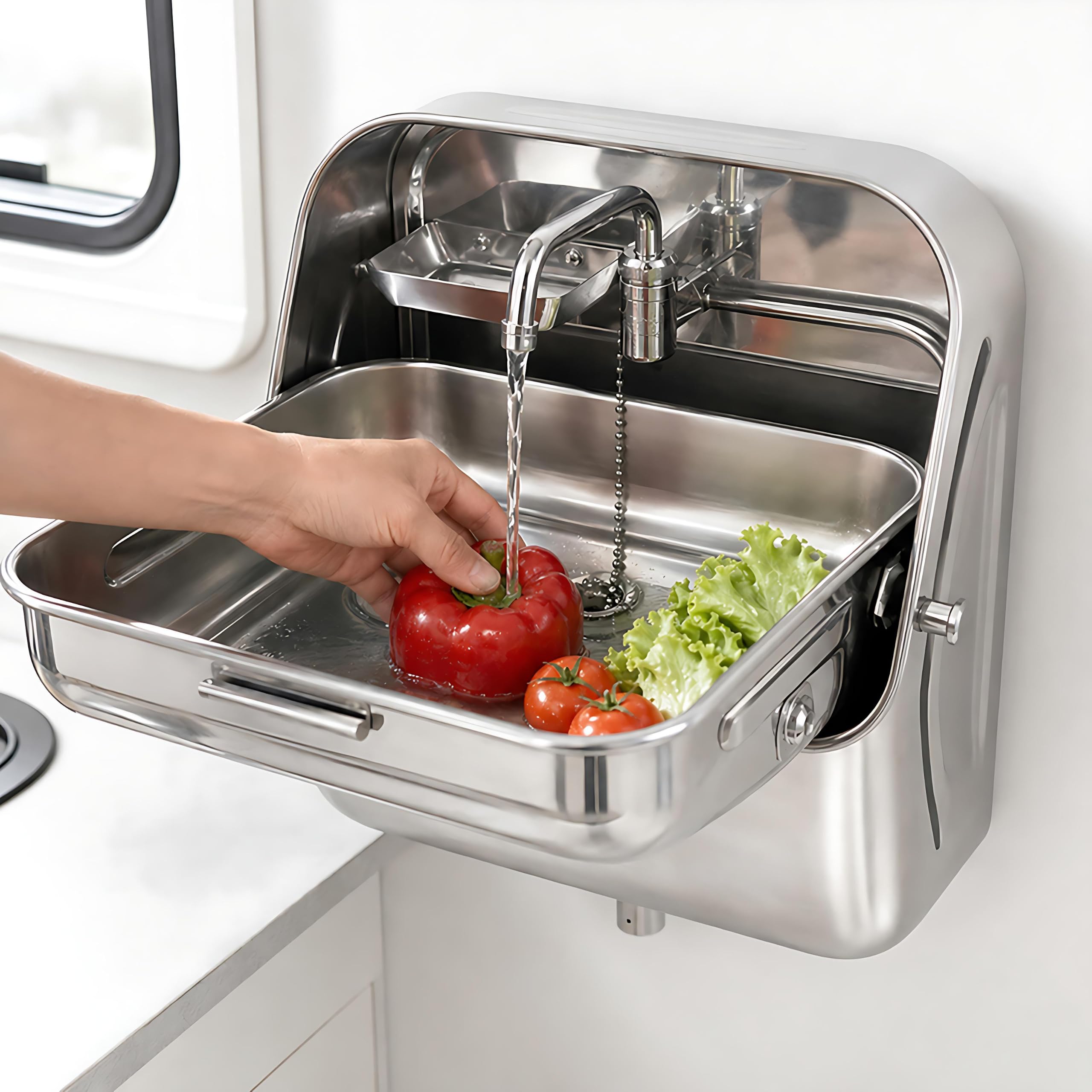 Lavello Pieghevole da Parete per Camper, Caravan e Barca, Lavandino Salvaspazio in Acciaio Inox 304 con Porta Sapone, Rubinetto Acqua Fredda e Grande Vasca 30x30cm