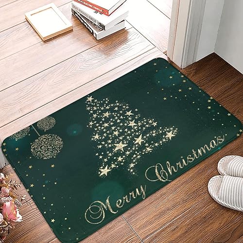 Miniatura 5 de Alfombra de baño, diseño de copos de nieve y árbol de Navidad, color verde dorado, absorbente, antideslizante, de microfibra suave, peluda, para